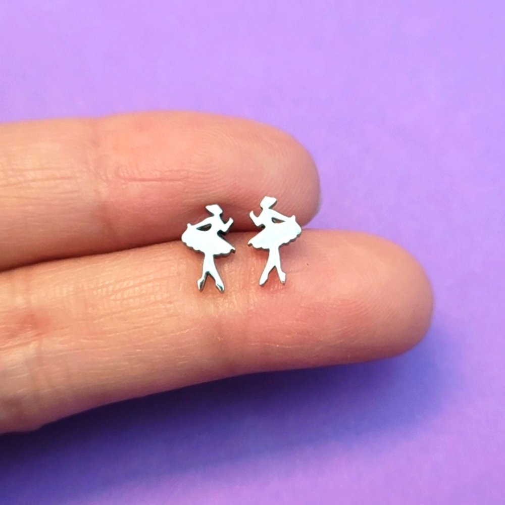 Cute small silver ballerina shaped stainless steel stud earrings. ~8mm tall
